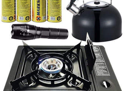 4pc Camping Starter Kit - Portable Gas Stove with 4 Gas Bottles, Torch & 2.5L Kettle