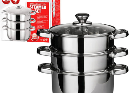 24 cm Prima Steamer Set - 4-Piece Stainless Steel 3-Tier Pot with Glass Lid | Capsulated Bottom